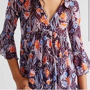Free People Beach Babe V Neck Tunic Floral Mesh Purple S